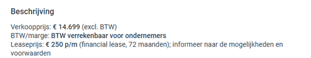 screenshot autobeschrijving met btw/marge vermelding op marktplaats.nl