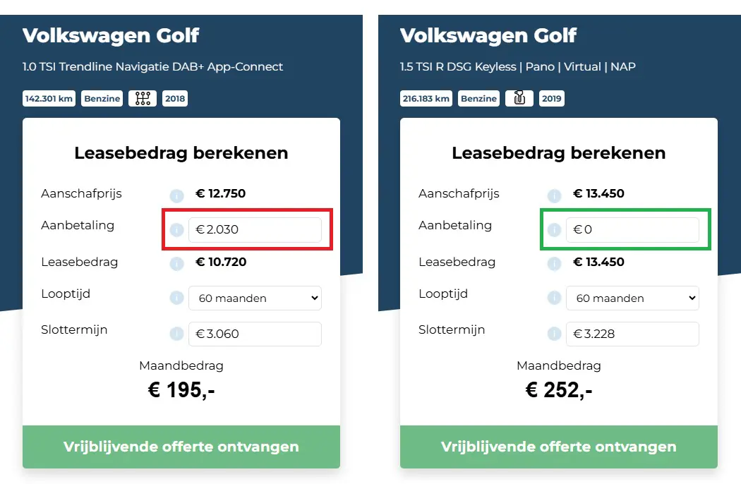 2 leasecalcualtors: één voor marge auto zonder aanbetaling en één voor btw auto met aanbetaling